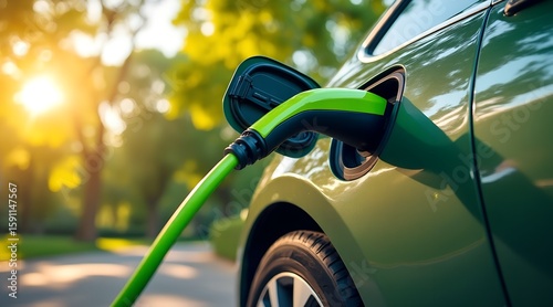 Electric car charging in a sunny, treelined street