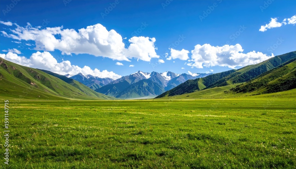 Lush green valley stretches to snow-capped mountains under a vibrant blue sky Lush green valley stretches to snow-capped mountains under a vibrant blue sky