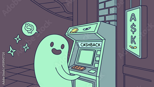 Cartoon ghost using an atm machine with cashback option and ask sign in a city street at night