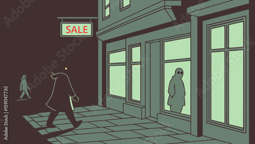 Illustration of a person walking past a store with a sale sign and a figure in the window at night