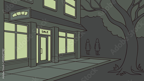 Illustration of a store with a sale sign, large windows, and two figures near a large tree at night