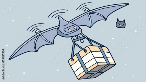 Illustration of a bat winged drone carrying a package with a cat face in the background scene