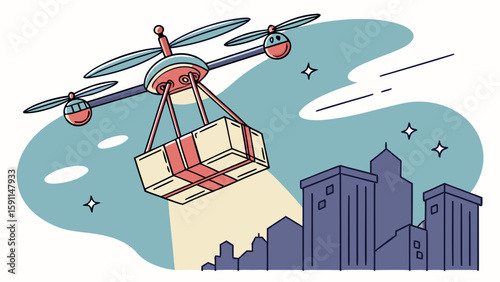 Drone delivering a package over a cityscape with stars and cloud shapes in a stylized illustration