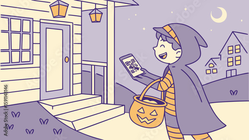 A child in halloween costume holding a mobile phone and a pumpkin bucket in front of a house at night