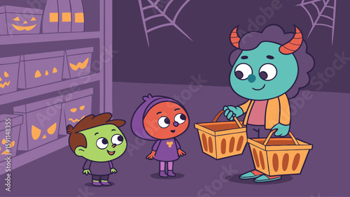 A cartoon illustration of a green skinned woman and two children shopping in a store with pumpkins