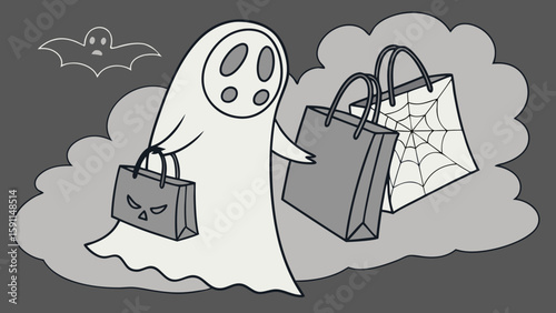 Ghostly shopper carrying halloween themed shopping bags with a bat in the background on a cloudy day