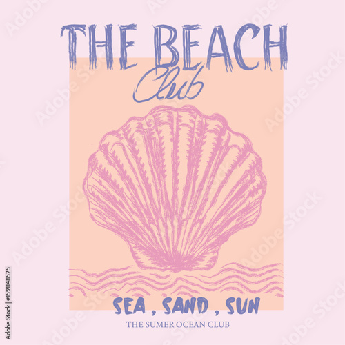 Seashell brush line drawing.  Sea you at the beach. Beach modern abstract art. the beach club. Seashell vintage artwork. summer t shirt design. women's vector design.