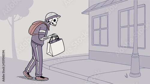 Skeleton figure walking on a sidewalk with a shopping bag and backpack near a building with windows