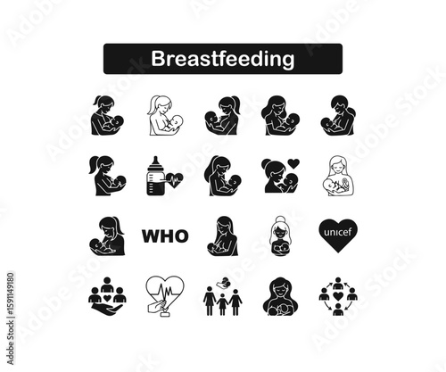 Breastfeeding & Infant Care Icons: Motherhood, Baby Feeding & Community Support