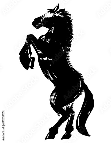 午年、年賀素材、墨・筆タッチ_立ち上がる馬のシルエットベクターイラスト