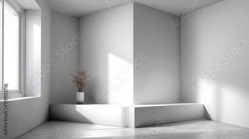 Empty studio corner with pristine white backdrop and clear floor area  perfect for creating product presentations  mockups  advertising overlays  or graphic design projects with flexible space.
