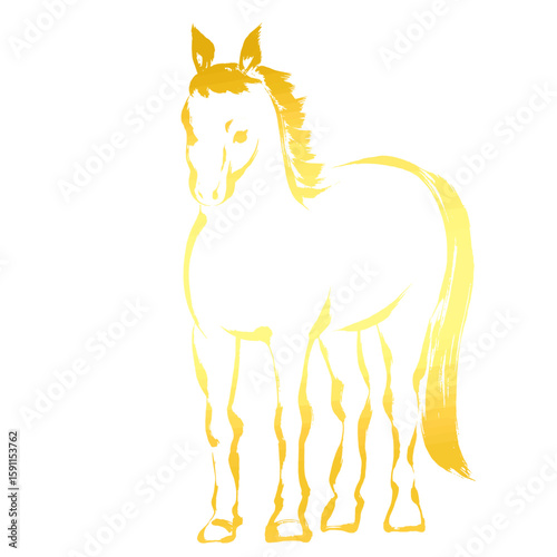 午年、年賀素材、墨・筆タッチ_正面から見た馬のベクターイラスト_ゴールド
