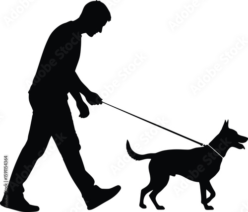 Vector art of a silhouette of a man walking a dog a leash