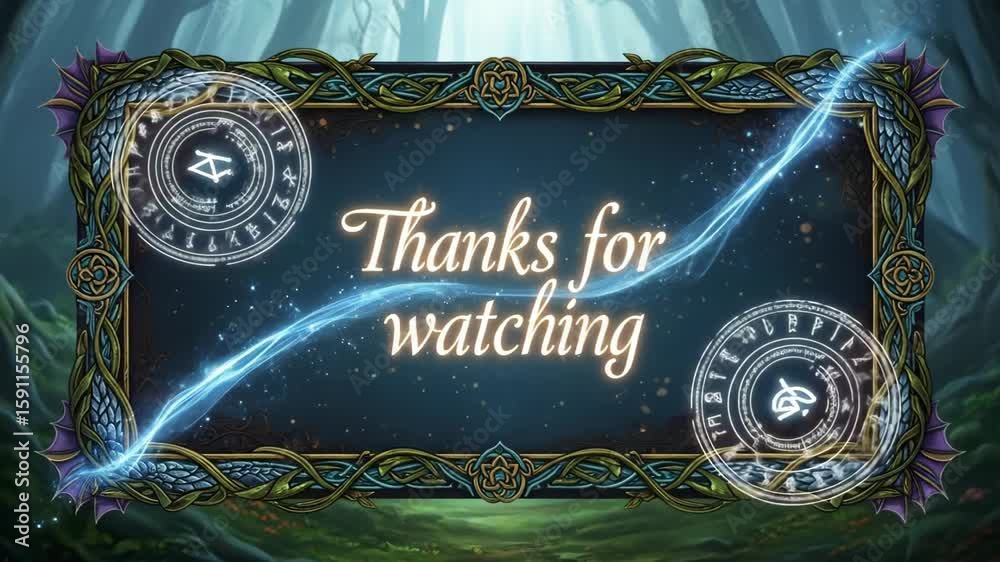 Fantasy themed end screen with magical runes and glowing energy stream for fantasy gaming videos and magical content