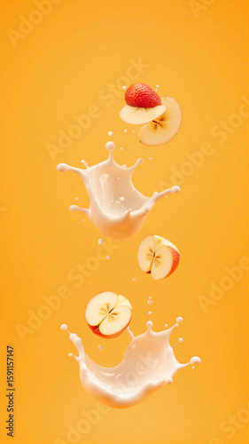 Strawberries and apple slices splash into milk against a rich orange background. The lively motion and bold colors create an energetic and refreshing visual composition.