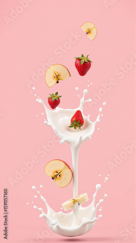 Strawberries, apple slices, and banana slices tumble into a splash of milk against a soft pink background. The lively motion and fresh colors create a vibrant, appetizing composition.