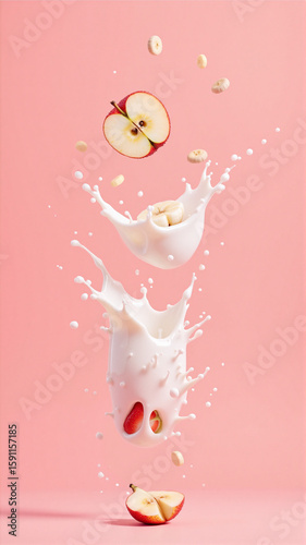 Strawberries, apple slices, and banana slices tumble into a splash of milk against a soft pink background. The lively motion and fresh colors create a vibrant, appetizing composition.