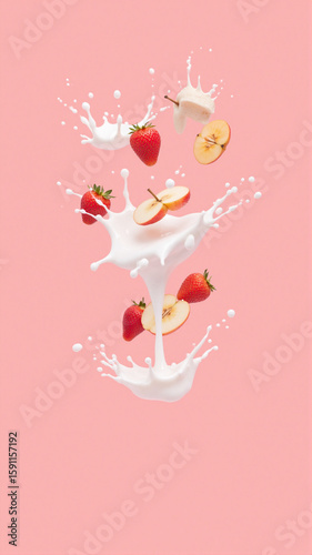 Strawberries, apple slices, and banana slices tumble into a splash of milk against a soft pink background. The lively motion and fresh colors create a vibrant, appetizing composition.