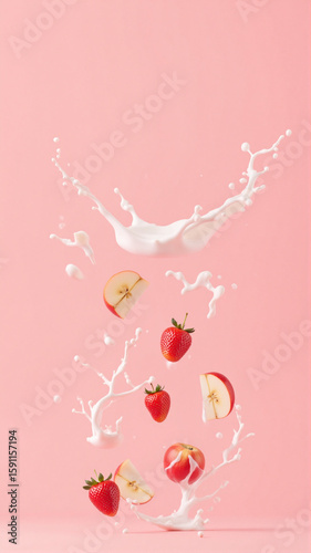 Strawberries, apple slices, and banana slices tumble into a splash of milk against a soft pink background. The lively motion and fresh colors create a vibrant, appetizing composition.