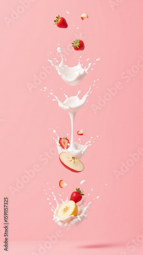 Strawberries, apple slices, and banana slices tumble into a splash of milk against a soft pink background. The lively motion and fresh colors create a vibrant, appetizing composition.