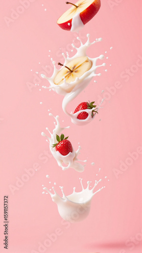 Strawberries, apple slices, and banana slices tumble into a splash of milk against a soft pink background. The lively motion and fresh colors create a vibrant, appetizing composition.