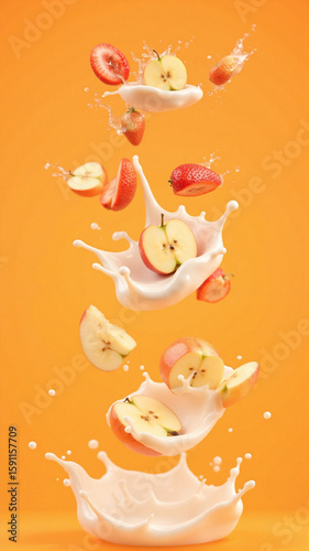 Strawberries, apple slices, and a banana burst through a creamy liquid against a bright orange backdrop. The splash and floating fruit create a dynamic, fresh, and visually striking composition.