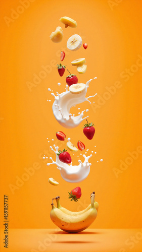 Strawberries, apple slices, and a banana burst through a creamy liquid against a bright orange backdrop. The splash and floating fruit create a dynamic, fresh, and visually striking composition.