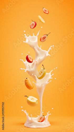 Strawberries, apple slices, and a banana burst through a creamy liquid against a bright orange backdrop. The splash and floating fruit create a dynamic, fresh, and visually striking composition.