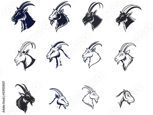 Collection of silhouettes of goat heads. Vector illustration. 