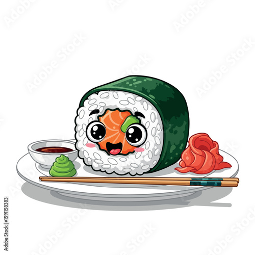 illustration, healthy, food, japanese, meal, fish, rice, cute, isolated, sushi, culture, fresh, asian, menu, cuisine, seaweed, cartoon, vector, design, icon, shrimp, adorable, salmon, japan, 