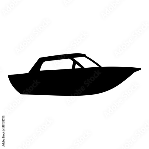 Silhouette of a sleek motorboat with cabin in striking black and white