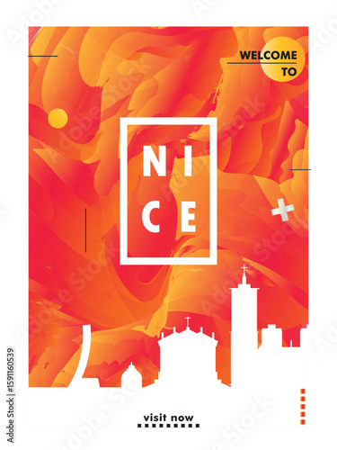 Nice, France city poster, flyer with skyline, landmarks. Travel vector illustration for print, brochure, leaflet, website, page, presentation, real estate