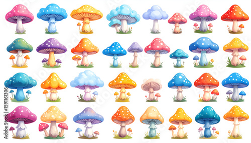 Collection of Colorful Pixelated Mushrooms Illustration