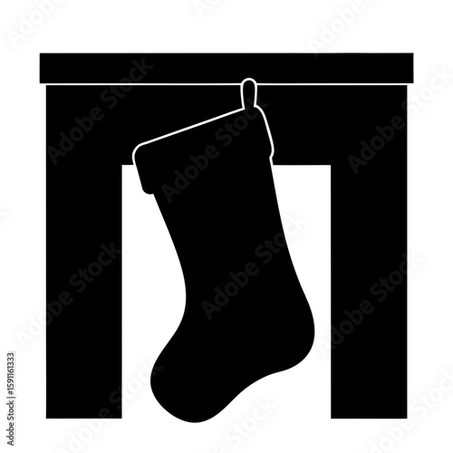 Minimalist Christmas Stocking Hanging on Fireplace Mantel Black and White Silhouette
