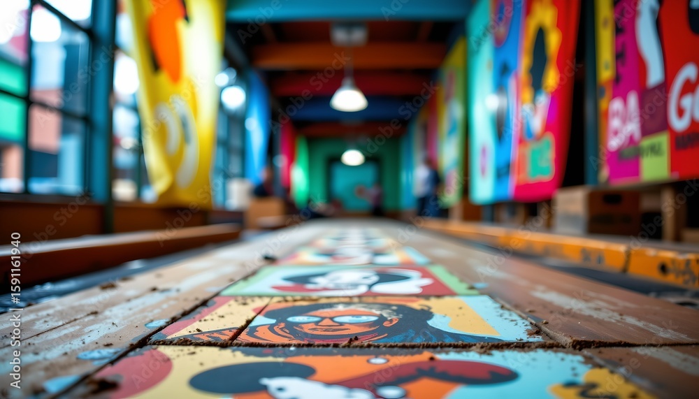 Naklejka premium an interior space that appears to be a vibrant and artistic room, likely a public area given its open layout and the presence of signs on the walls