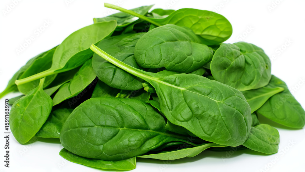 Fototapeta premium Fresh spinach leaves, showcasing vibrant green colors, crisp textures, and healthy appearance, piled together on white. AI generated. 