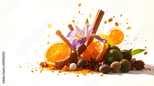 Pumpkin and food ingredients, spices, cinnamon and kitchen utencil on white rustic 
