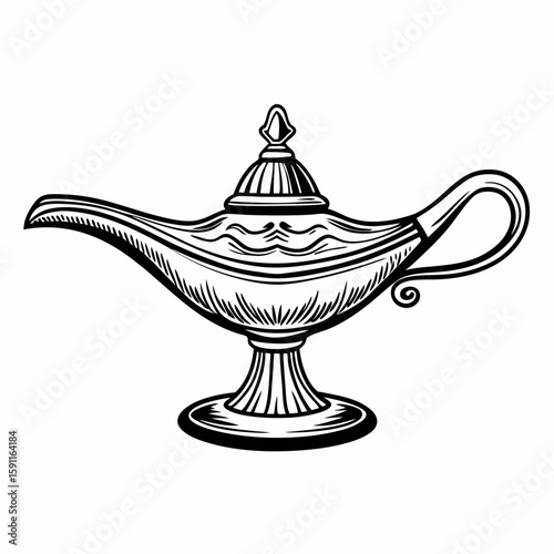 Monochrome hand-drawn vector of a vintage genie lamp with ornate design, symbolizing Arabian folklore, magic, and legendary wish-granting in mystical style  
