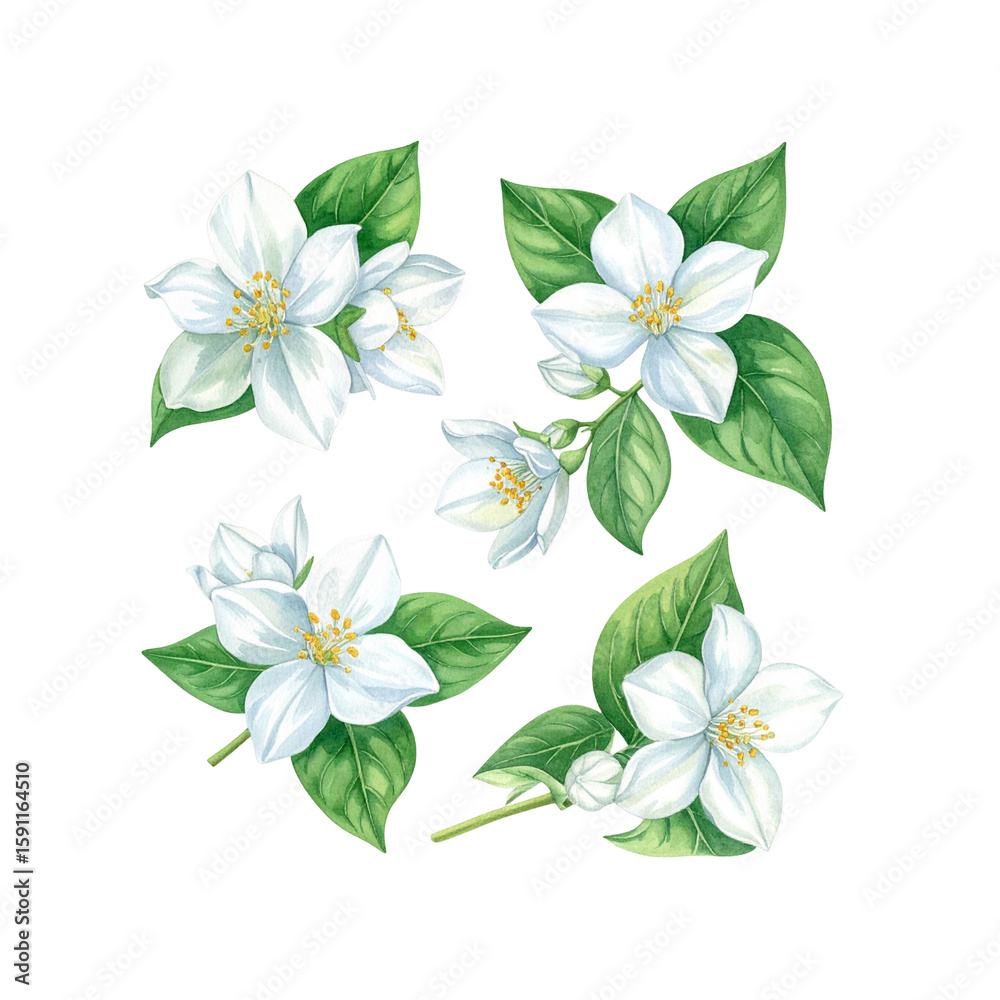Obraz premium Watercolor illustration of jasmine flowers with green leaves on transparent background