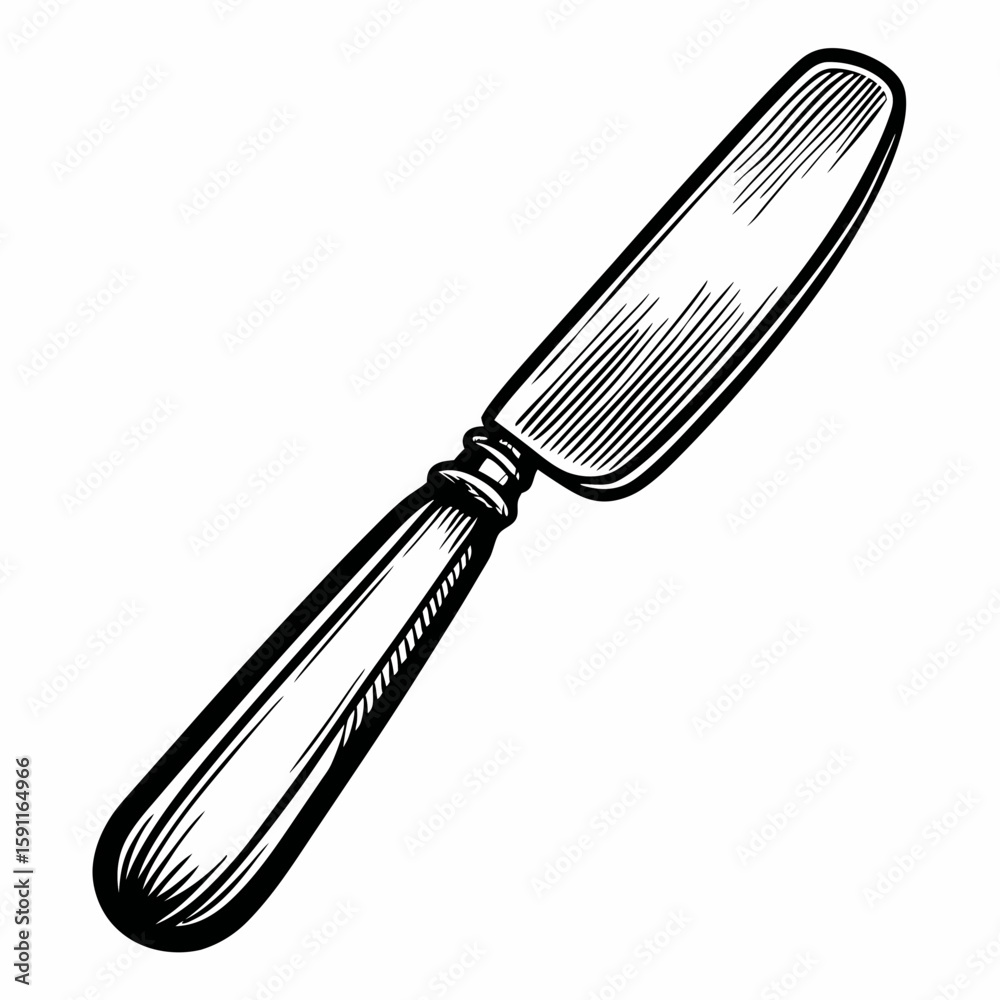 Fototapeta premium Engraved monochrome vector of a butter spreader with rounded blade, symbolizing traditional kitchen utensil, table cutlery, and food preparation tool 
