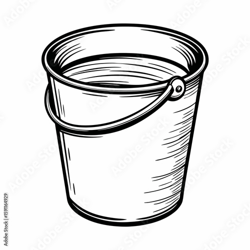 Monochrome engraved vector of a metal bucket with handle and inner shadows, symbolizing water container, utility item, and cleaning or farming supply  
