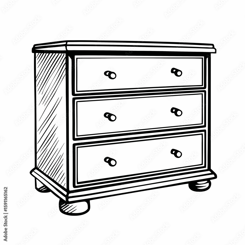 Hand-drawn wooden dresser with drawers in black and white on white background, representing furniture item, bedroom storage, and classic cabinet design
Hand-drawn wooden dresser with drawers in black and white on white background, representing furniture item, bedroom storage, and classic cabinet design