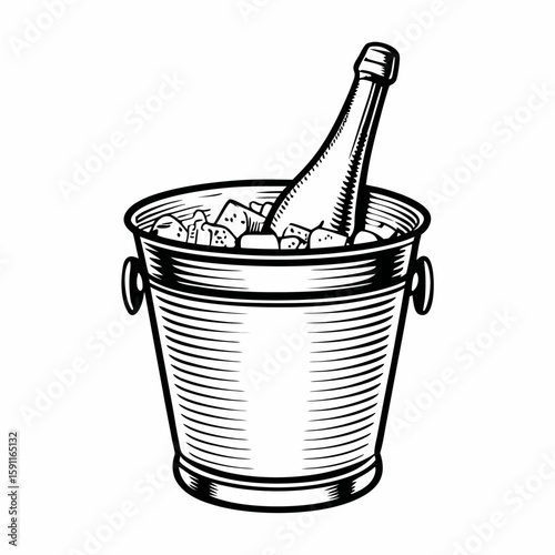 Hand-drawn ice bucket with wine or champagne bottle in black and white line style on white background, representing party drink chilling, beverage serving, and bar service
