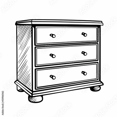 Hand-drawn wooden dresser with drawers in black and white on white background, representing furniture item, bedroom storage, and classic cabinet design
