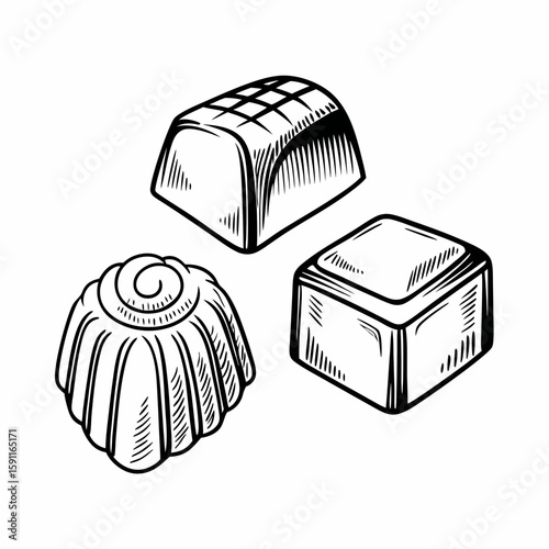 Hand-drawn assorted chocolate candies with different shapes and textures on white background, representing dessert, sweets, and confectionery treat
