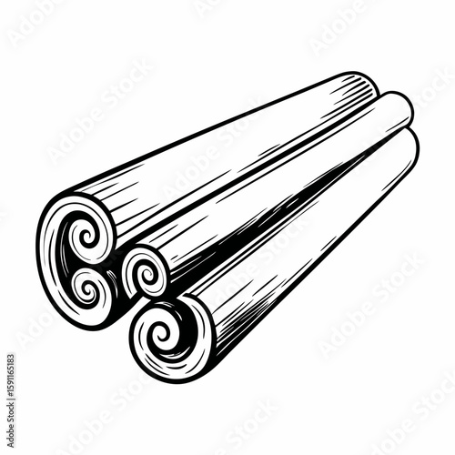 Hand-drawn bundle of rolled cinnamon sticks in black line style on white background, representing aromatic spice, cooking ingredient, and natural seasoning
