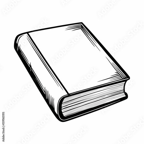 Hand-drawn closed hardcover book in perspective on white background in sketch style, representing education, knowledge, reading, and literary content

