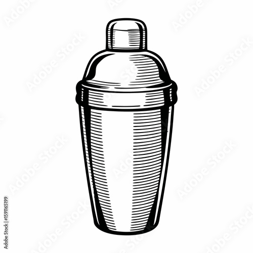 Hand-drawn monochrome vector of a metallic cocktail shaker, representing vintage bartending, drink preparation, and professional bar tools in engraved illustration style  
