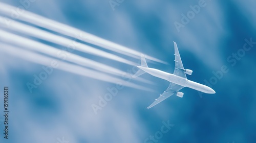Airplane climbing into a clear blue sky, leaving white contrails against a backdrop of soft clouds.