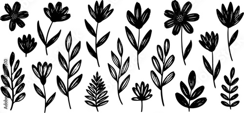 Black and white floral illustrations. Doodle flower, floral leaf elements in brush stroke ink style. Simple abstract botanical silhouette set for nature black paint art. Vector, EPS version
